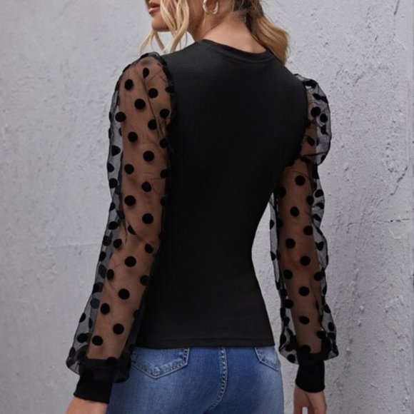 Womens Polka Dot Mesh Sleeve Top BLACK S M L XL - Picture 5 of 9